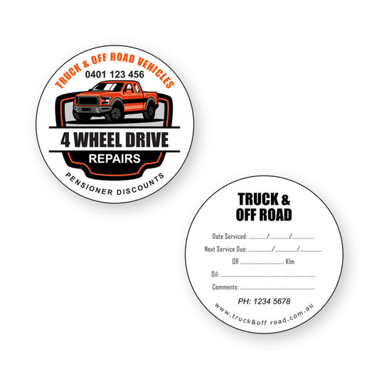 4 Wheel Drive Service Stickers showing front and reverse sticker designs