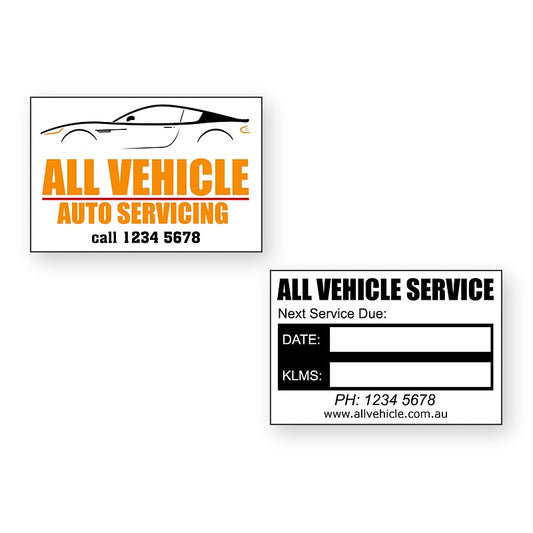 All Vehicle Service Stickers showing front and reverse sticker designs
