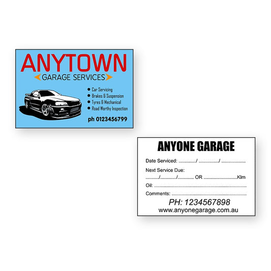AnyTown Garage Service Stickers showing front and reverse sticker designs