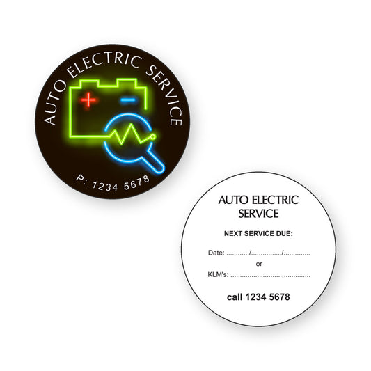 Auto Electric Reminder Stickers showing front and reverse sticker designs