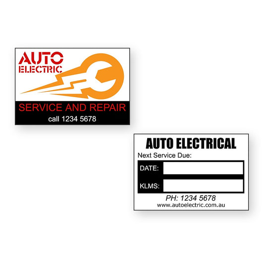 Auto Electric Service Stickers showing front and reverse sticker designs