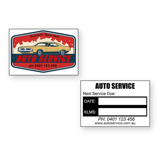 Auto Service Due Stickers showing front and reverse sticker designs