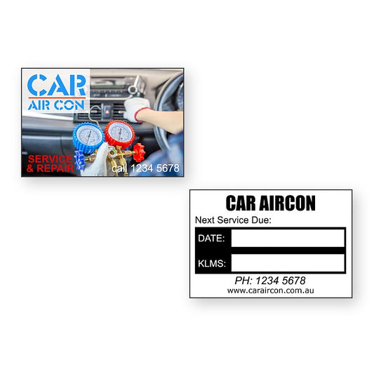 Car Air Conditioning Service Stickers showing front and reverse sticker designs