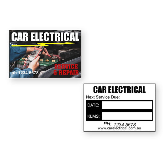 Car Electrical Service Stickers showing front and reverse sticker designs