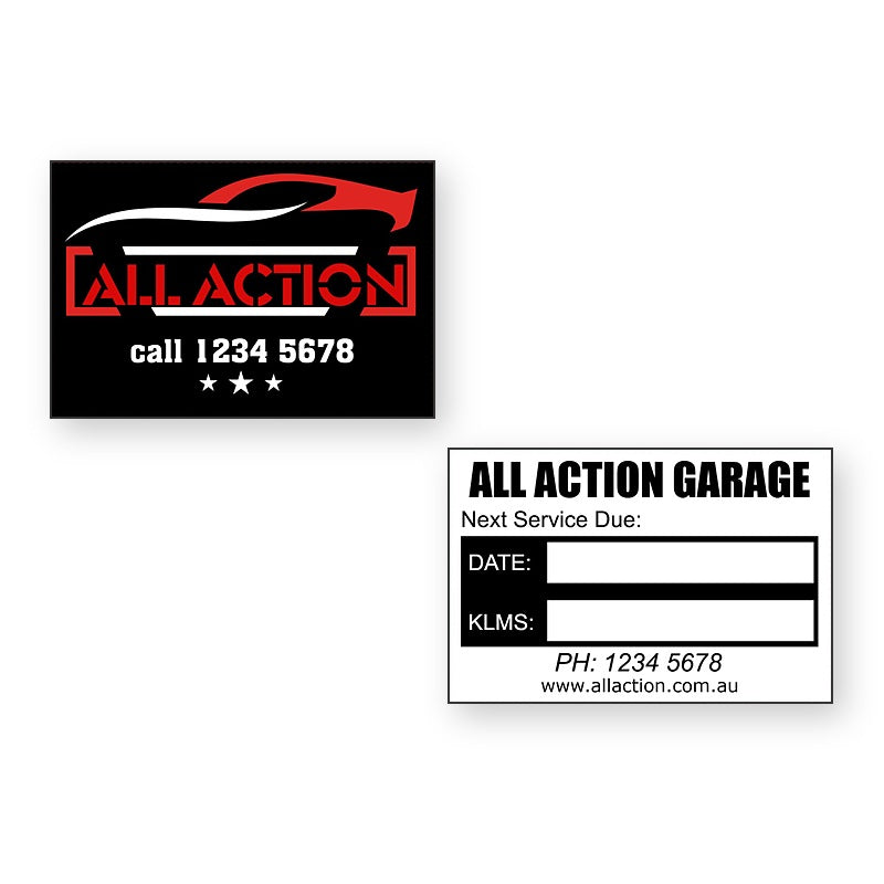 100 x stickers Car Oil Change Stickers showing front and reverse sticker designs