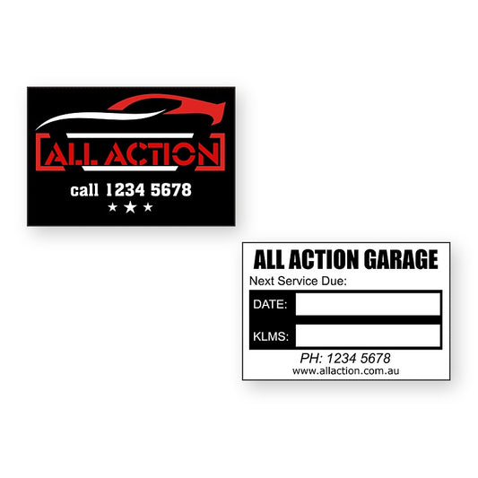 100 x stickers Car Oil Change Stickers showing front and reverse sticker designs