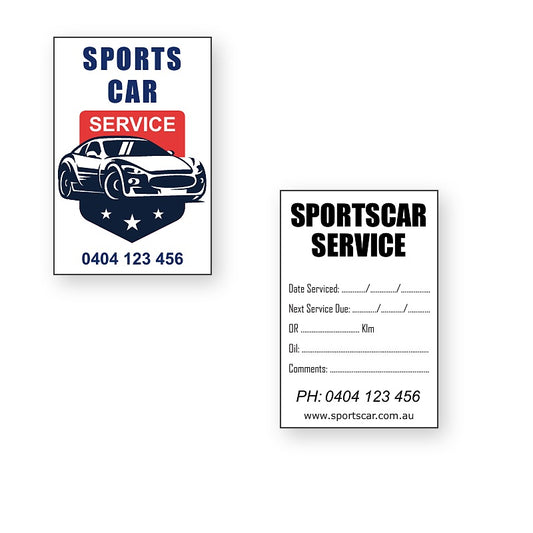 Car Service Reminder Stickers showing front and reverse sticker designs