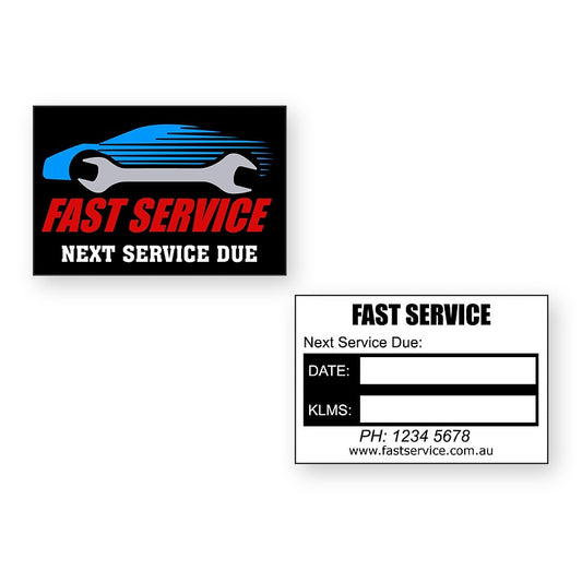 Car Windscreen Service Stickers showing front and reverse sticker designs