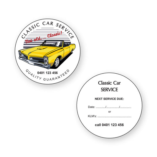 Classic Car Service Stickers showing front and reverse sticker designs