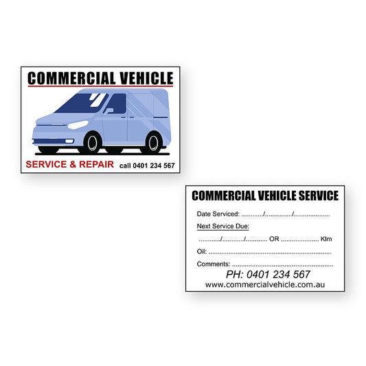 Commercial Vehicle Service Stickers showing front and reverse sticker designs