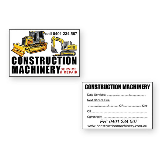 Construction Machinery Service Stickers showing front and reverse sticker designs