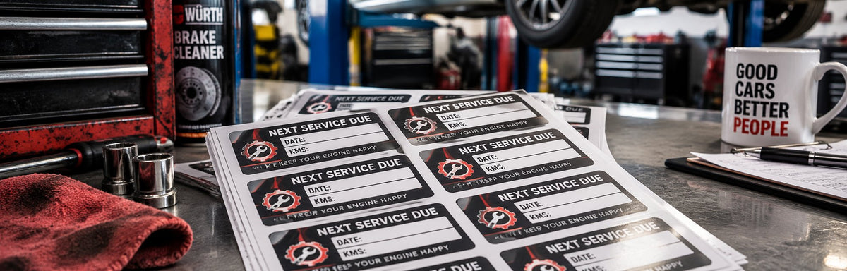 Next Service Due double sided service stickers in a mechanic's workshop