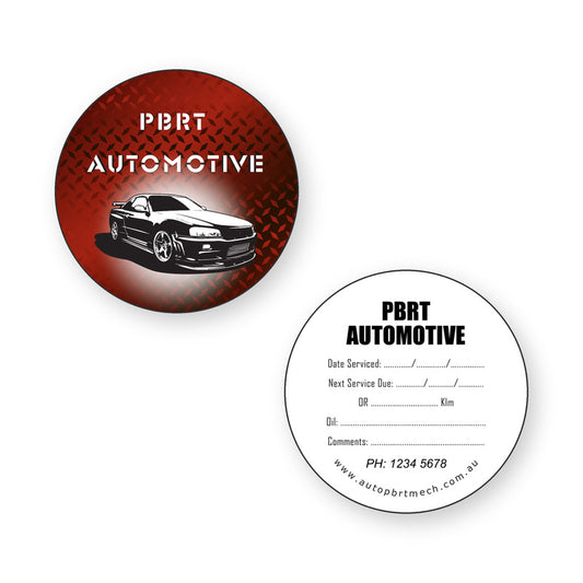 PBRT Automotive Round Reminder Stickers - front and back